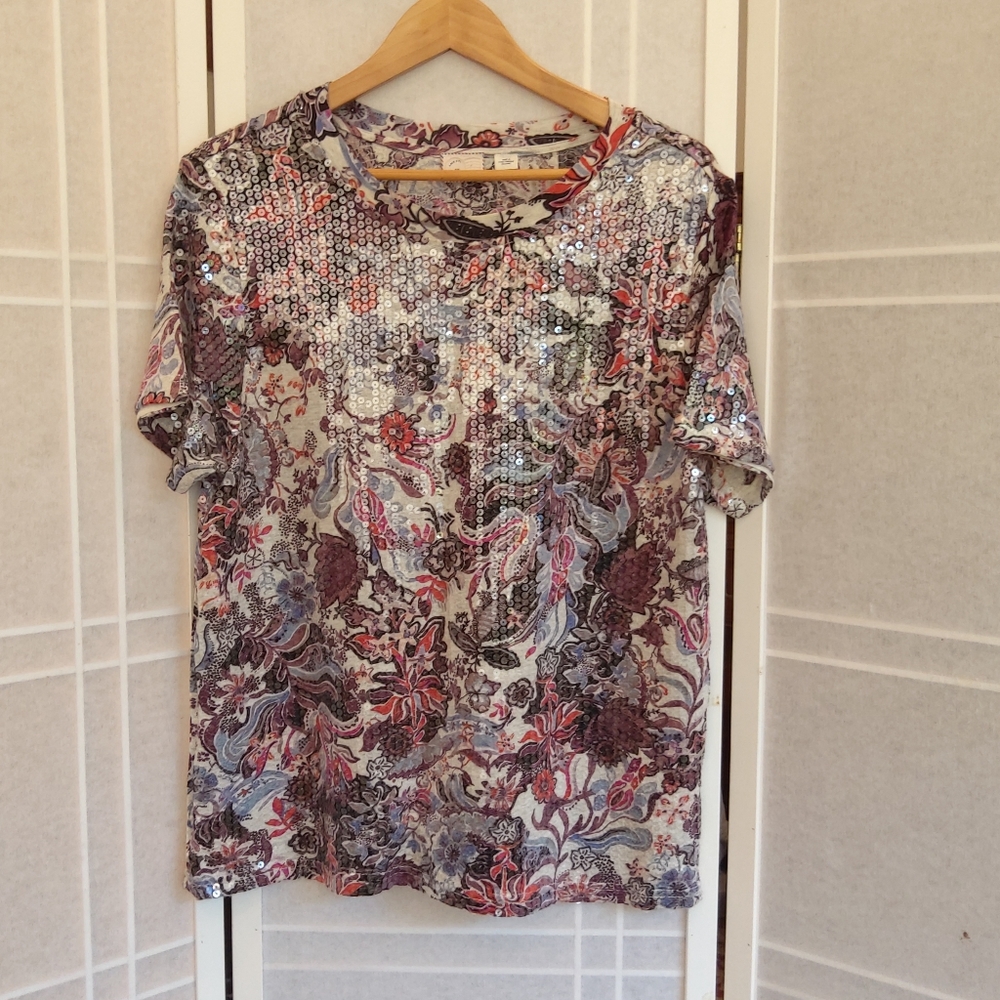 Anthropologie Postmark Floral Ssequin top - Picture 3 of 10